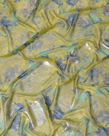 قماش شيفون من الحرير الخالص الفاخر من Mehindi Green مع طباعة زرقاء وفيروزية خضراء مع لوريكس معدني ذهبي بتصميم زهور-D10783