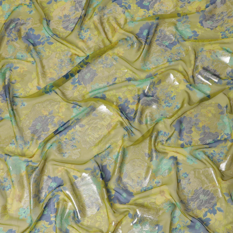 قماش شيفون من الحرير الخالص الفاخر من Mehindi Green مع طباعة زرقاء وفيروزية خضراء مع لوريكس معدني ذهبي بتصميم زهور-D10783