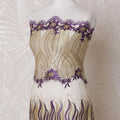 Gold nylon tulle fabric with same tone, purple embroidery having stone work in fancy design-D14753