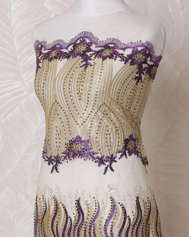 Gold nylon tulle fabric with same tone, purple embroidery having stone work in fancy design-D14753 Regal Fabrics