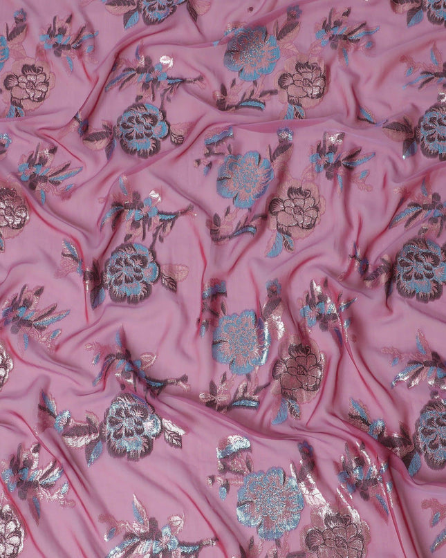 قماش شيفون حرير خالص فاخر باللون الوردي القرميدي مع لوريكس معدني أزرق ونحاسي بتصميم زهور-D13729