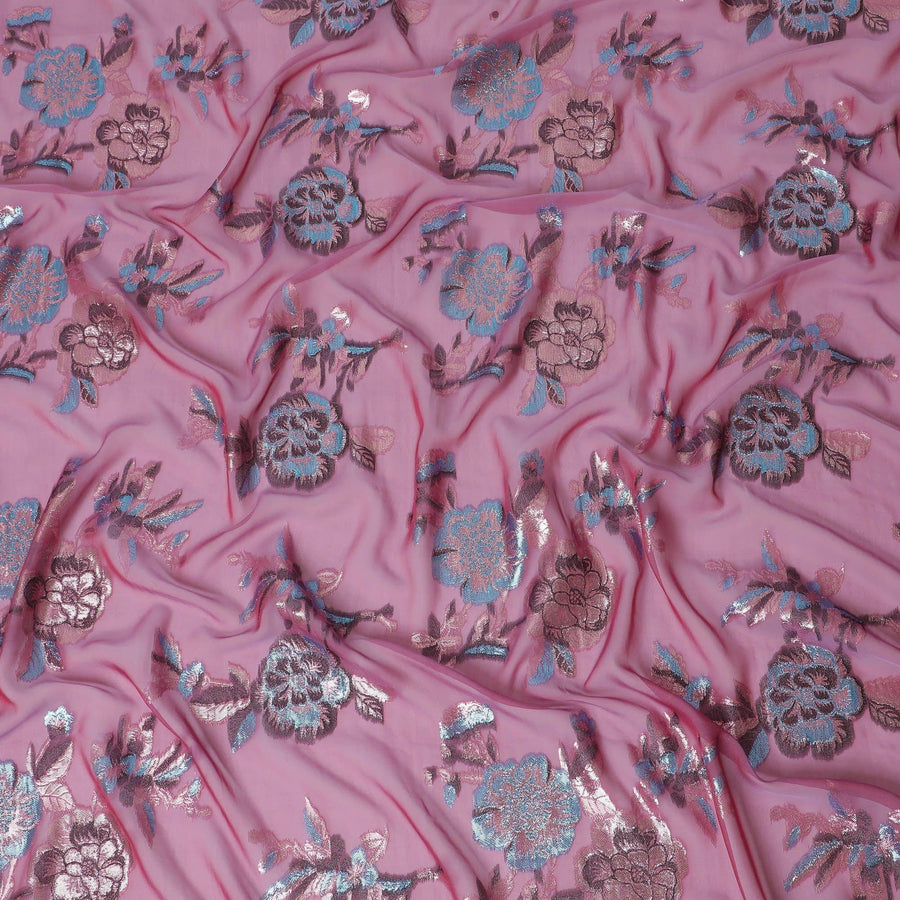 قماش شيفون حرير خالص فاخر باللون الوردي القرميدي مع لوريكس معدني أزرق ونحاسي بتصميم زهور-D13729