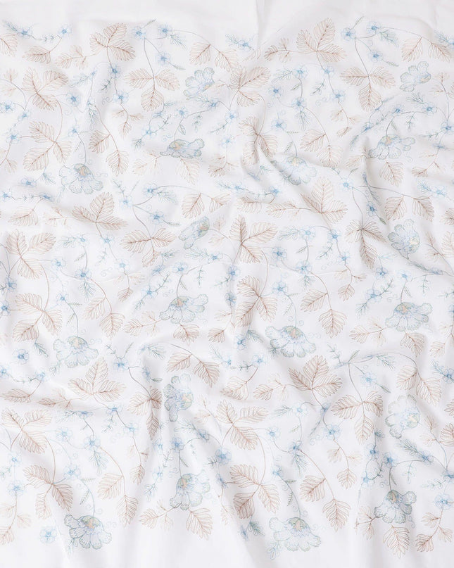 قماش فوال من القطن الخالص الأبيض الفاخر مع تطريز باللونين البني والأزرق الفاتح بتصميم الأزهار-D15233