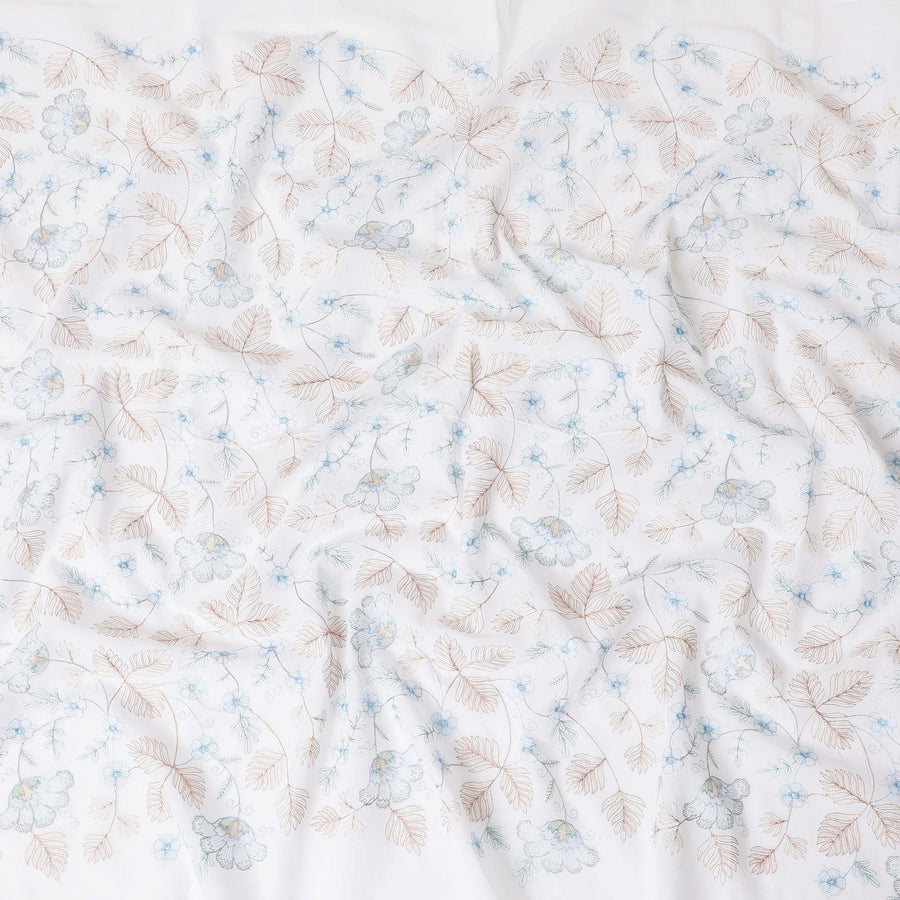 White Premium pure cotton voile fabric with brown and baby blue embroidery in floral design-D15233