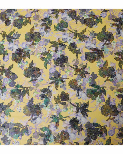 Sunflower yellow premium pure silk chiffon fabric with multicolor print and metallic lurex in floral design-D13237