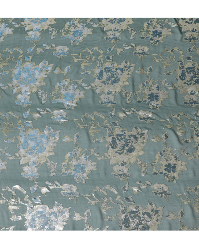 قماش شيفون من الحرير الخالص الفاخر باللون الأخضر مع الفيسكوز الأزرق الفاتح والوركس المعدني الذهبي بتصميم الأزهار-D12518