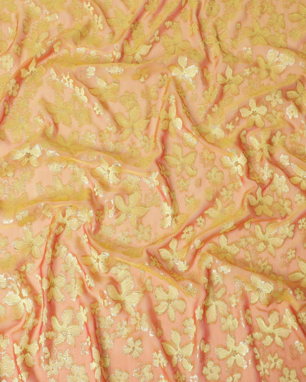 قماش شيفون حريري نقي ممتاز باللون البرتقالي فيسكوز أخضر اللون مع لوركس معدني ذهبي بتصميم زهور-D14647