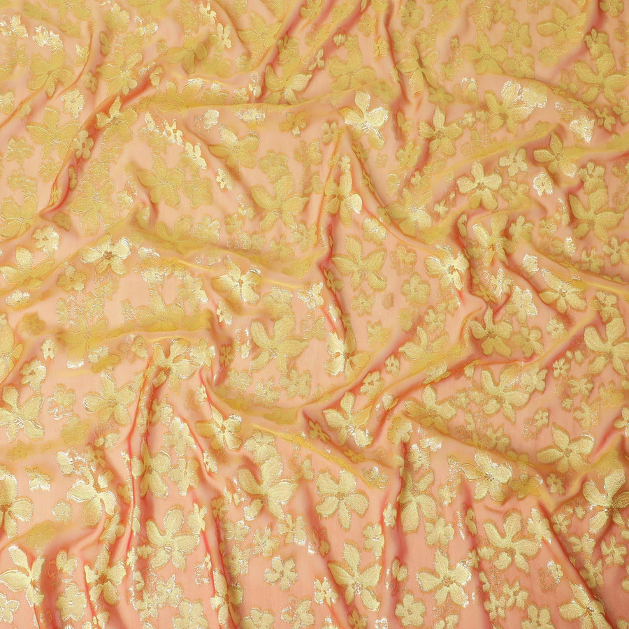 قماش شيفون حريري نقي ممتاز باللون البرتقالي فيسكوز أخضر اللون مع لوركس معدني ذهبي بتصميم زهور-D14647