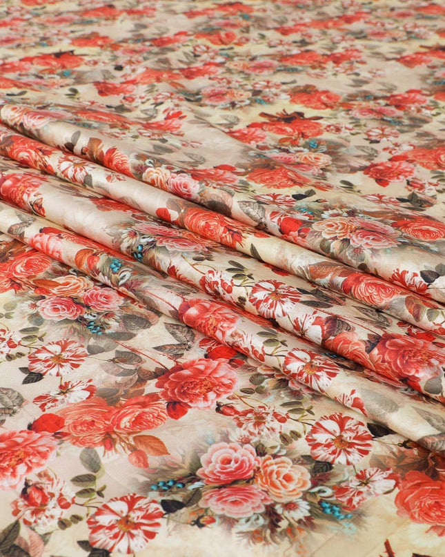 قماش قطني مخلوط باللون البيج اللاتيه مع طباعة متعددة الألوان بتصميم الأزهار: D-5667