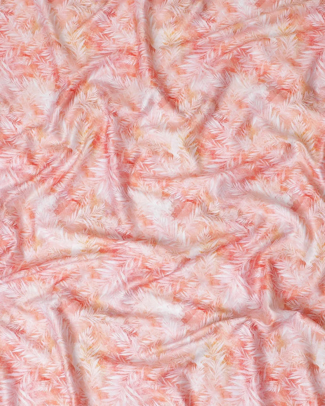 Salmon peach cotton satin fabric with off white print in Leaf design-D11913 Regal Fabrics