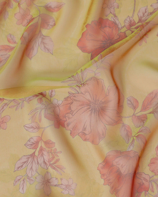 Mustard yellow premium pure silk chiffon fabric with same tone and salamander orange print in floral design-D10634
