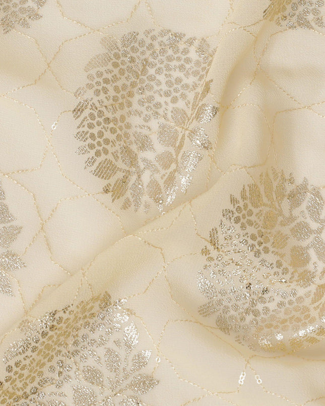 Light gold synthetic georgette fabric with same tone embroidery having gold foil printed in floral design-D12229