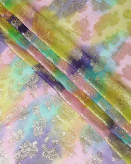 قماش شيفون حريري فرنسي (فرنساوي) فاخر متعدد الألوان مع لوركس معدني ذهبي بتصميم زهور-D14007