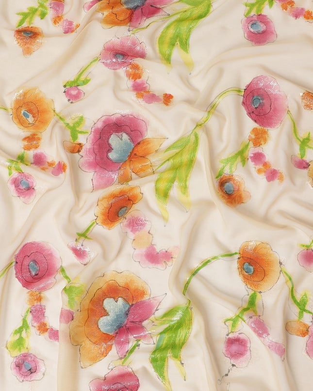 Beige hand printed Premium pure silk chiffon with gold metallic lurex and multicolor prints in floral design-D11389
