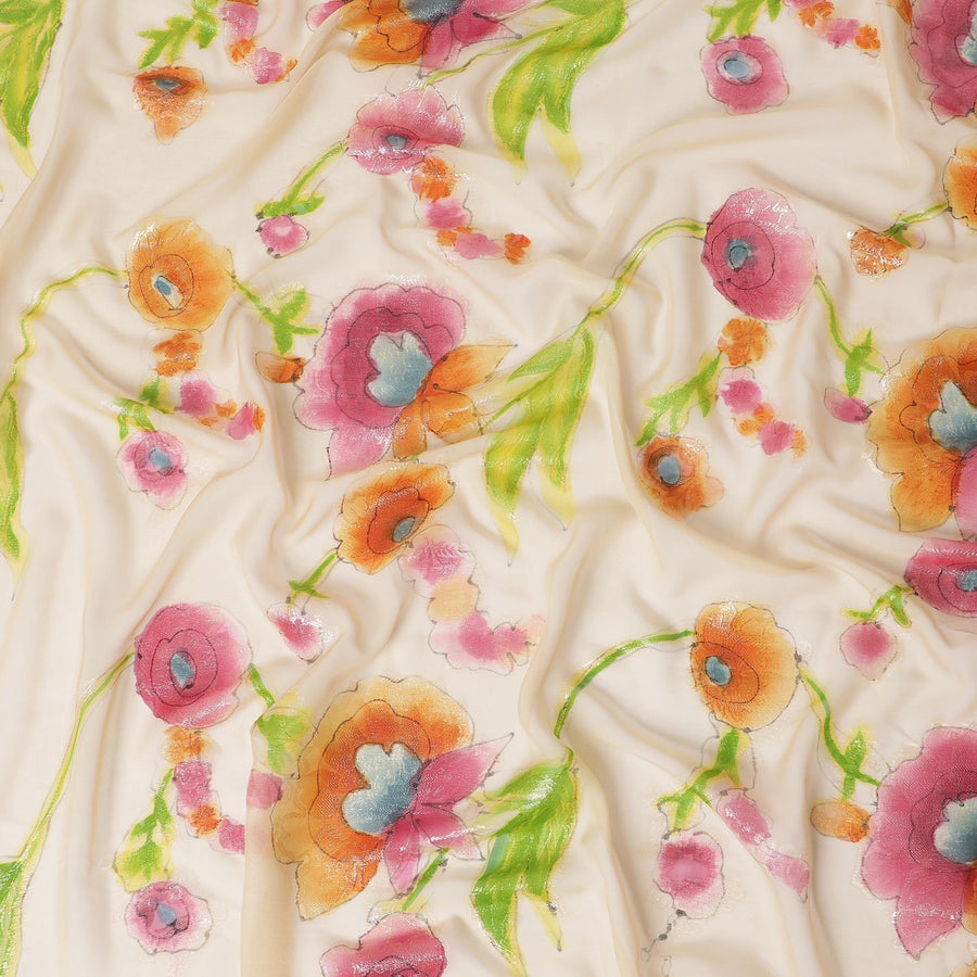 شيفون من الحرير الخالص مطبوع يدويًا باللون البيج مع لوريكس معدني ذهبي ومطبوعات متعددة الألوان بتصميم الأزهار-D11389