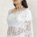 White Premium Pure French chantilly lace saree having stone work in floral design-D13462