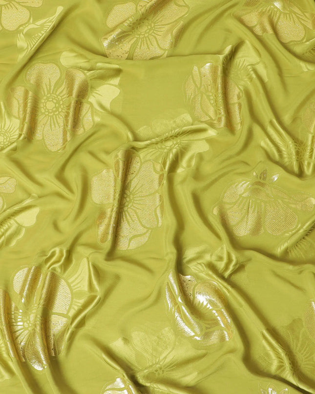 Olive green premium pure silk crepe fabric with gold metallic lurex in floral design-D13708 Regal Fabrics