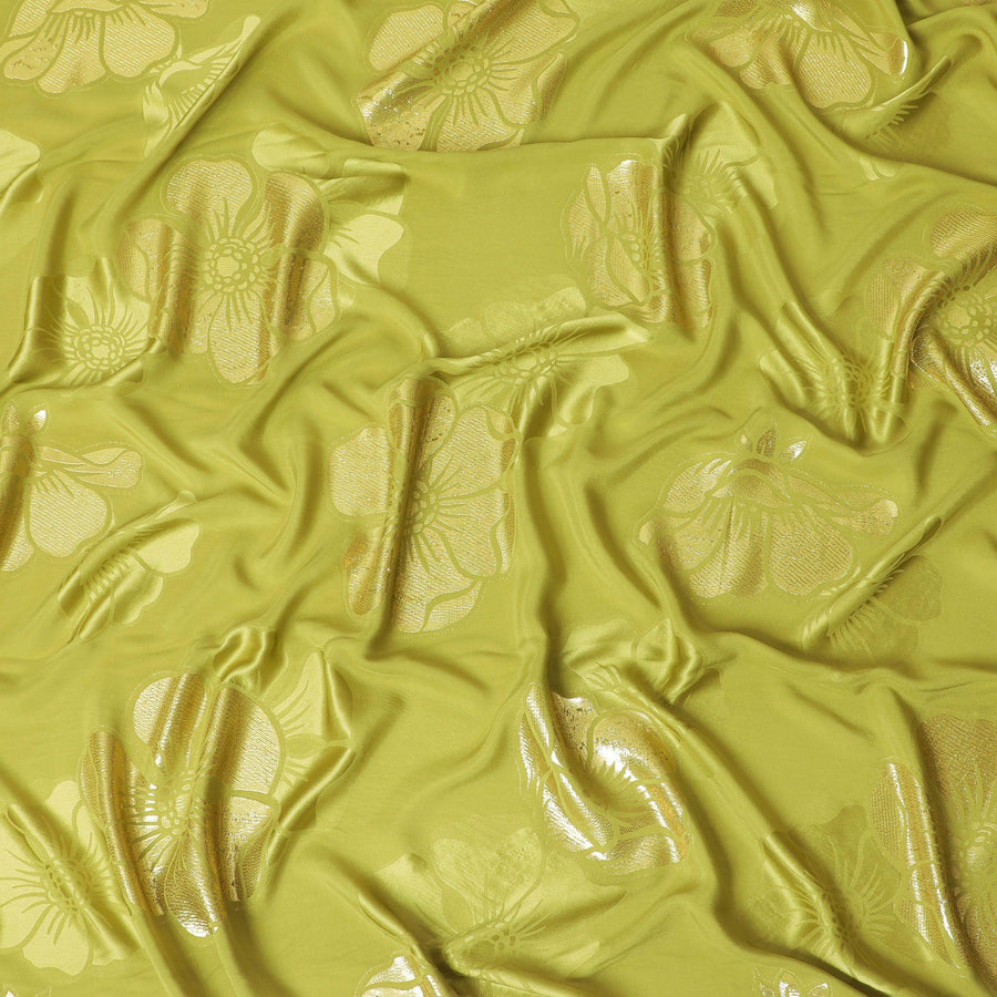 قماش كريب حريري نقي فاخر باللون الأخضر الزيتوني مع لوريكس معدني ذهبي بتصميم زهور -D13708