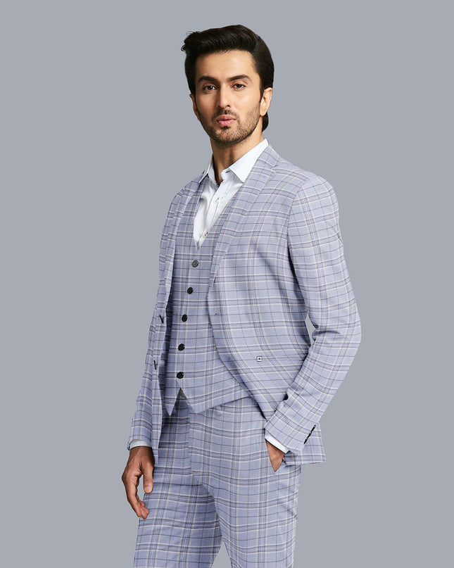 Baby blue Premium Italian super 130's all wool suiting fabric with pale brown, beige and blue checks design-D9451