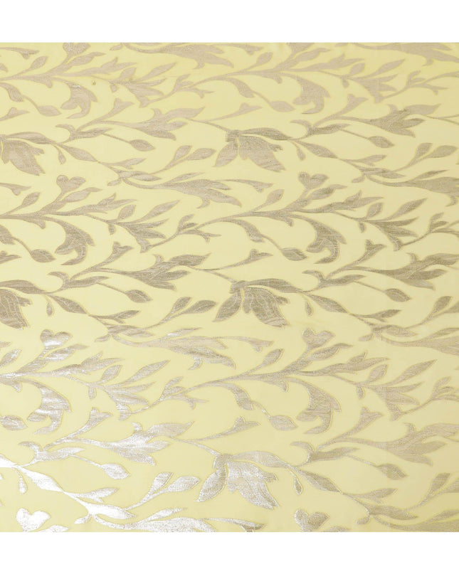 شيفون من الحرير الخالص الفاخر باللون الأصفر الجبني مع لوريكس معدني ذهبي بتصميم أوراق الشجر -D11360