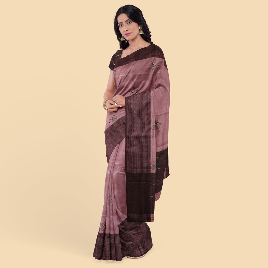 Fandango purple synthetic chanderi silk saree with multi color embroidery in floral design. Byzantine purple color blouse piece-D12767