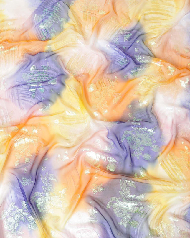 قماش شيفون حريري نقي فاخر متعدد الألوان مع لوريكس معدني أخضر نيون بتصميم زهور -D9318