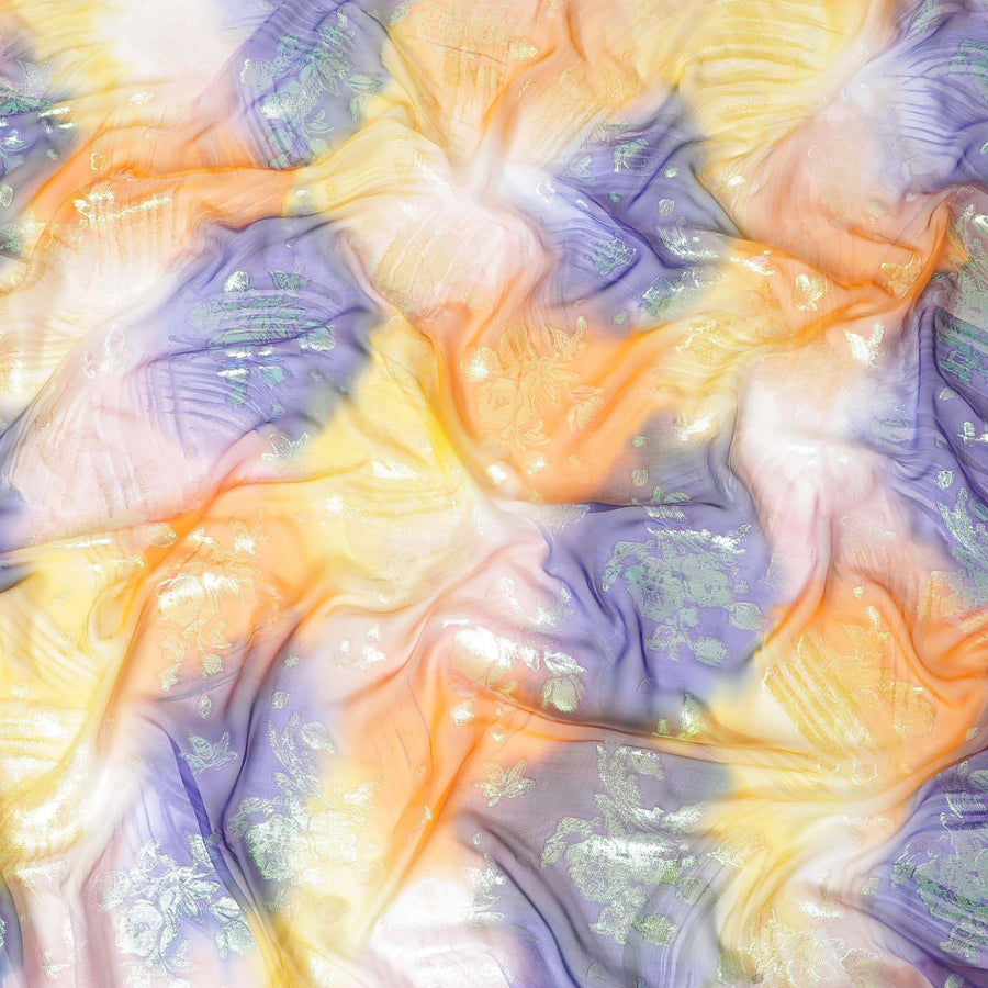 قماش شيفون حريري نقي فاخر متعدد الألوان مع لوريكس معدني أخضر نيون بتصميم زهور -D9318