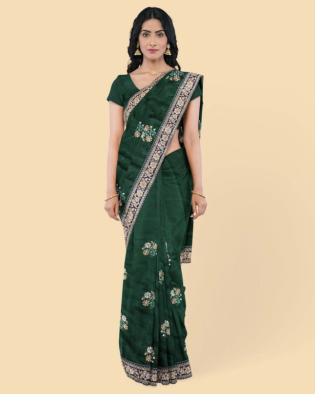 Pine green synthetic tusser fabric with multi colour embroidery in floral design. Blouse piece in same colour-D12745 Regal Fabrics