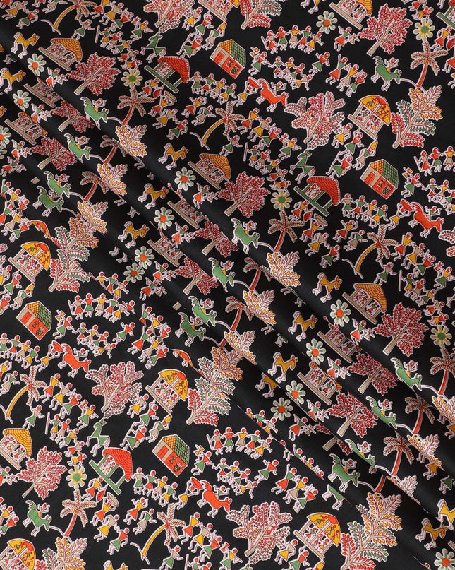 Black cotton voile fabric with multicolor print in fancy design-D15417