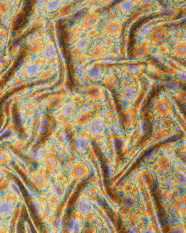 Honey yellow silk satin fabric with green, orange & violet prints in floral design-D11143