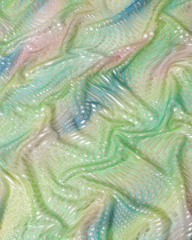 قماش شيفون حريري خالص مطبوع متعدد الألوان مع لوركس معدني ذهبي وفضي بتصميم تجريدي-D12432