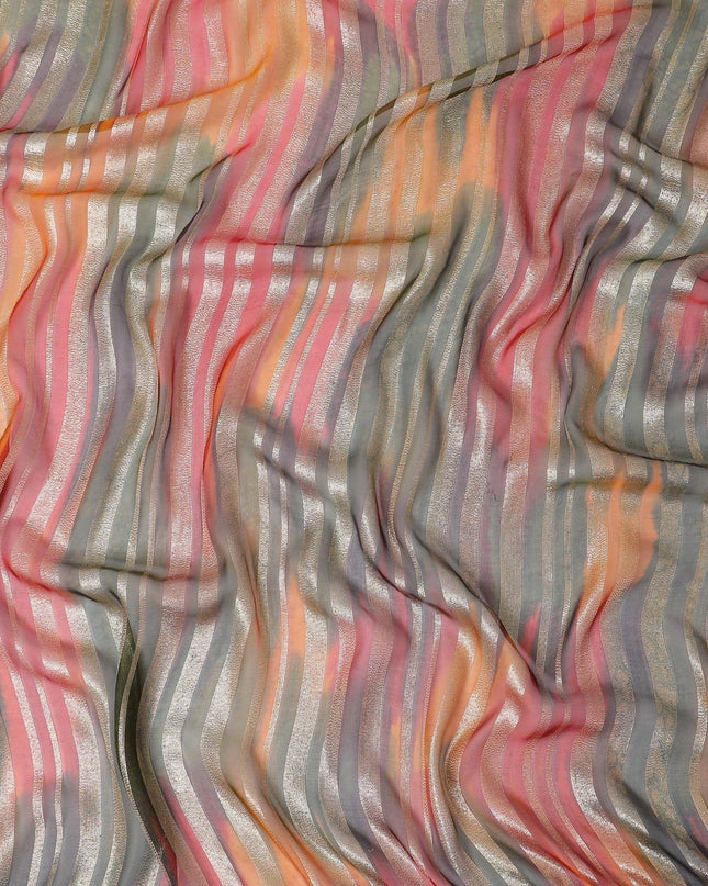 قماش شيفون حريري فاخر مطبوع يدويًا متعدد الألوان مع لوركس معدني ذهبي بتصميم مخطط-D12395