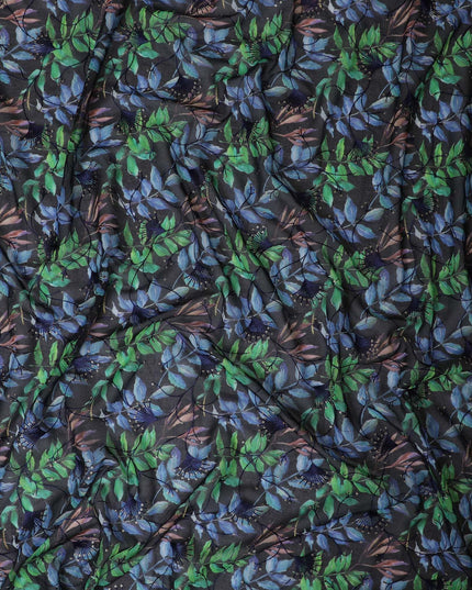 قماش الفوال القطني الخالص الفاخر باللون الأزرق الداكن مع طباعة متعددة الألوان مع تطريز بنفس اللون والترتر بتصميم الأزهار-D13256