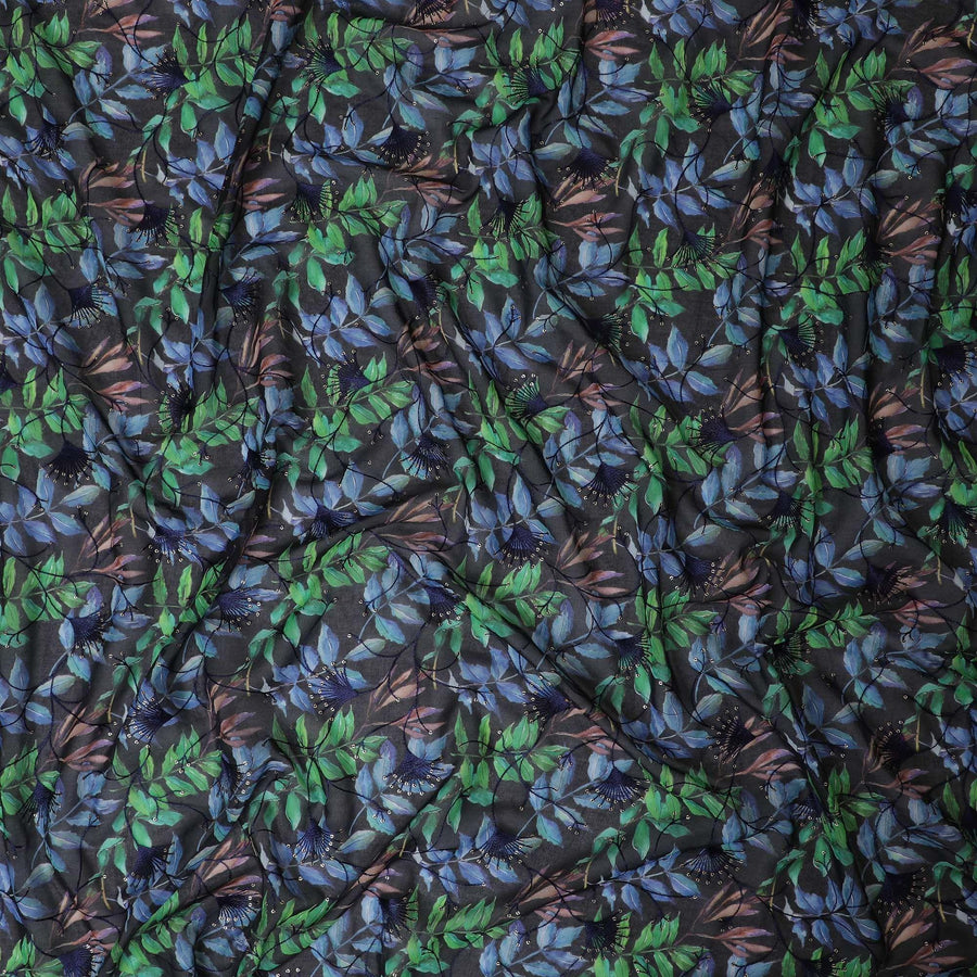 قماش الفوال القطني الخالص الفاخر باللون الأزرق الداكن مع طباعة متعددة الألوان مع تطريز بنفس اللون والترتر بتصميم الأزهار-D13256