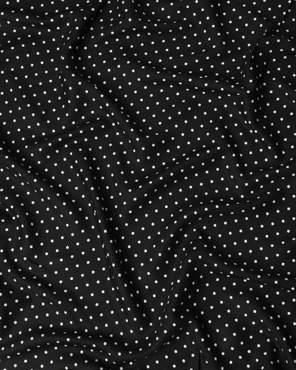 Black viscose crepe printed fabric with white prints in polka dot design-D11157