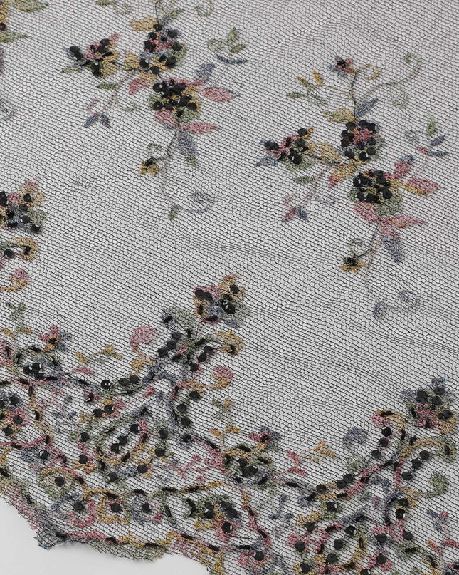 Black nylon nylon tulle fabric with black sequins, beads and multicolor embroidery in floral design
