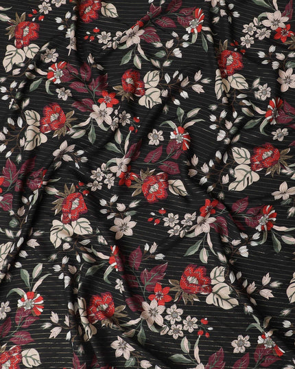 قماش كريب فيسكوز أسود مطبوع مع طبعات متعددة الألوان ولوريكس معدني بتصميم زهور-D11165