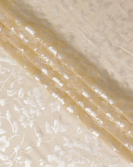 قماش شيفون من الحرير الخالص باللون الذهبي مع جاكار فضي بتصميم زهور -D15317