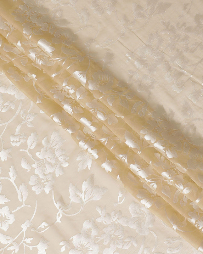 قماش شيفون من الحرير الخالص باللون الذهبي مع جاكار فضي بتصميم زهور -D15317