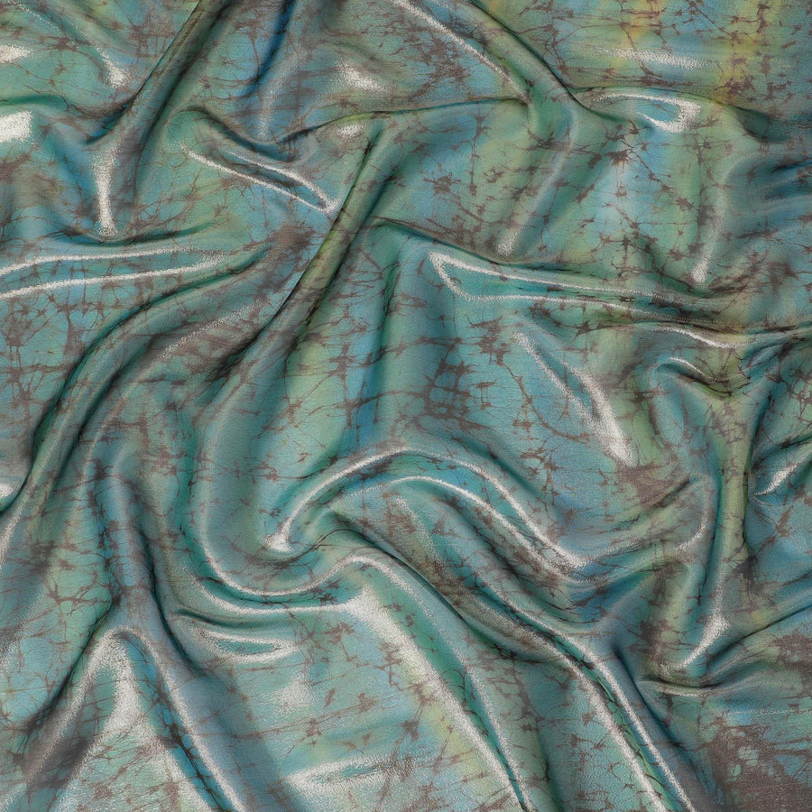 شيفون من الحرير الخالص الفاخر باللون الأزرق بحر إيجه مع لوريكس معدني ذهبي وطبعات بنية بتصميم تجريدي-D11394