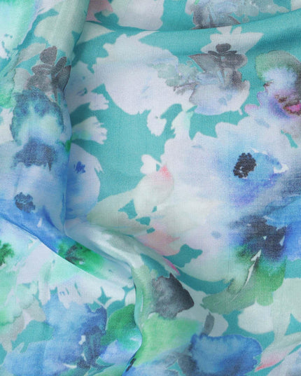Sea blue synthetic crepe fabric with multicolor print in floral design-D10023 - Regal Fabrics