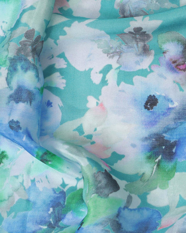 Sea blue synthetic crepe fabric with multicolor print in floral design-D10023 Regal Fabrics
