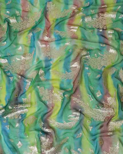 Multicolor premium pure silk chiffon fabric with gold metallic lurex in floral design-D14242