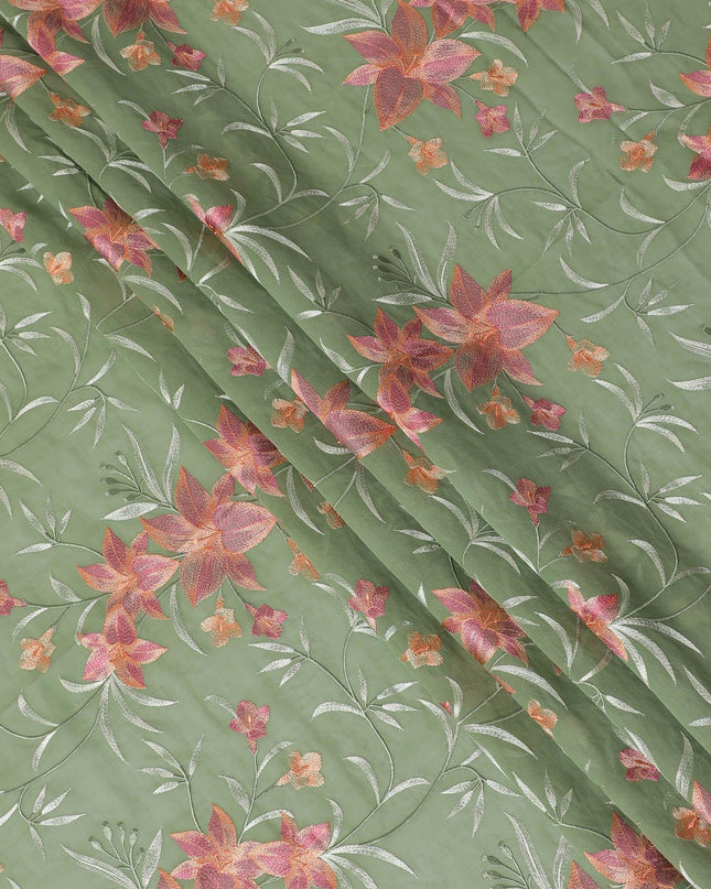 قماش الفوال القطني الخالص الفاخر باللون الأخضر الداكن بنفس اللون والتطريز باللون الأخضر الخوخي والنعناع بتصميم الأزهار-D15246