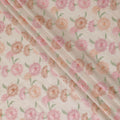 Beige cotton voile fabric with sage green, baby pink and peach embroidery in floral design-D14470