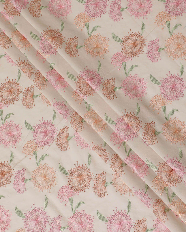 Beige cotton voile fabric with sage green, baby pink and peach embroidery in floral design-D14470