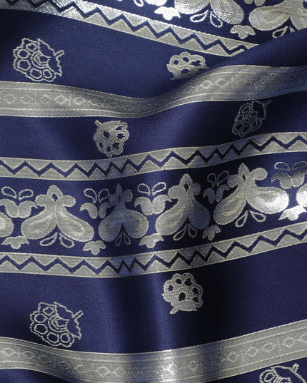 Royal blue pure silk satin fabric with same tone and silver film metallic in stripe design-D11048