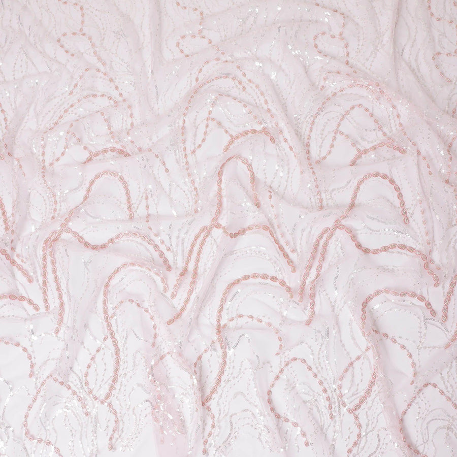 Baby pink nylon tulle fabric with same tone embroidery, sequins and bead work in fancy design-D13969