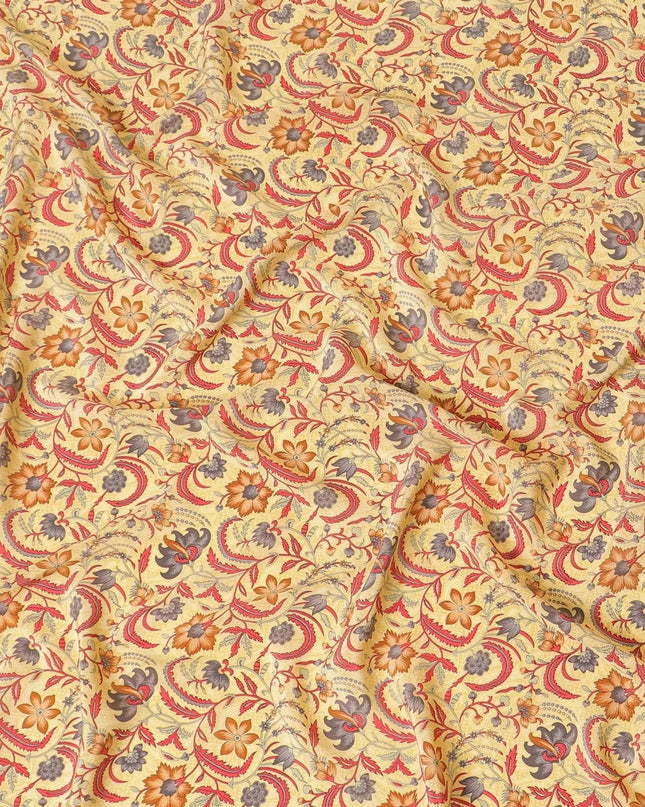 Flax yellow pure silk crepe fabric with multicolor print in floral design-D8114 Regal Fabrics