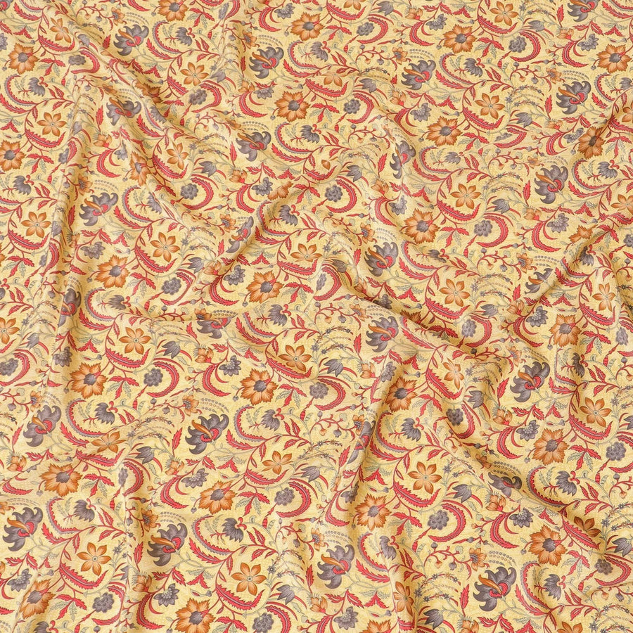 Flax yellow pure silk crepe fabric with multicolor print in floral design-D8114